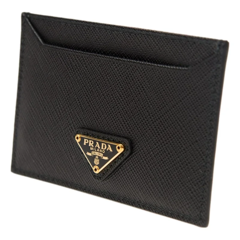 Prada bags with a detachable mirror inside for quick touch - upsPrada Saffiano Leather Black Gold Triangle Logo Card Holder 1MC208