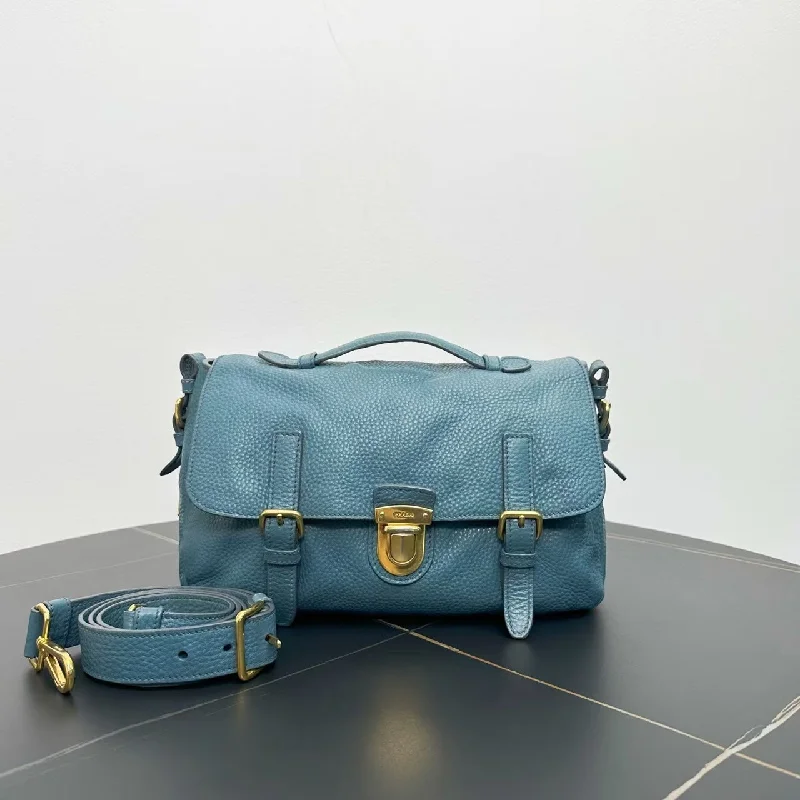 Prada bags with a detachable mirror inside for quick touch - upsPrada Blue Leather Messenger Bag Medium