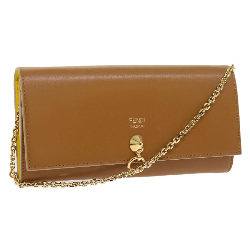 Ladies Fendi Peekaboo bags with a hand - stitched leather handle for artisanal charmFENDI Chain Shoulder Long Wallet Leather Yellow Brown  54537