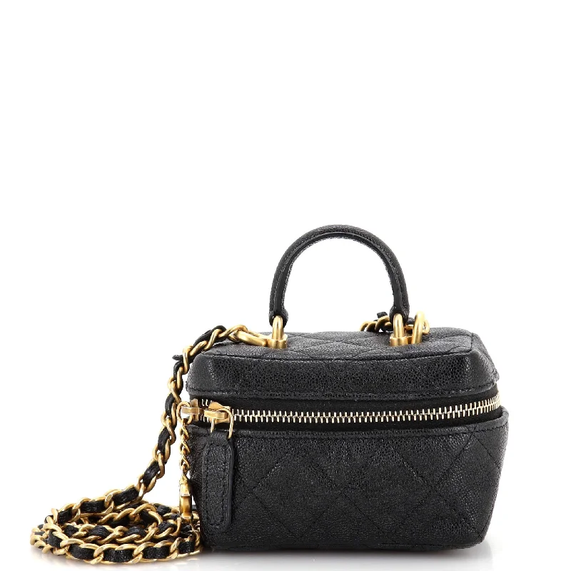 Top Handle Zip Around Vanity Case with Chain Quilted Caviar Mini