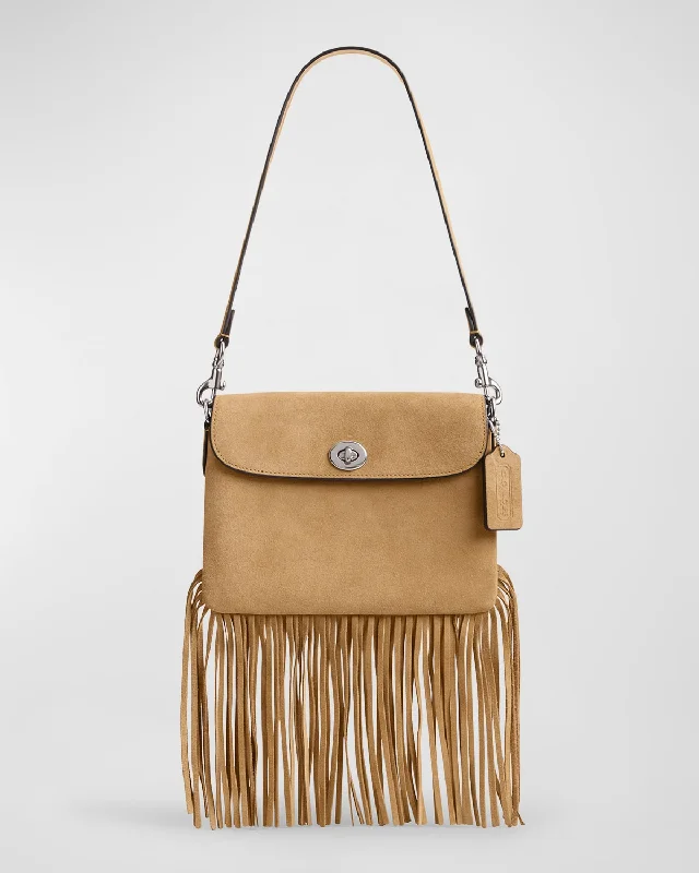 Coach bags with a chain - link trim and a leather body for a modern edge1964 Fringe Flap Suede Shoulder Bag