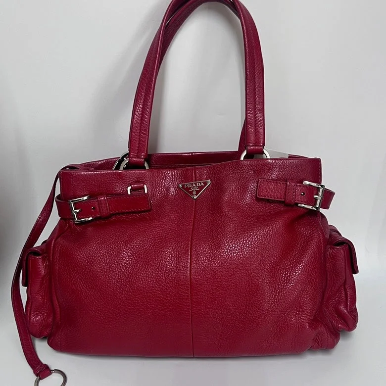 Prada tote bags with a double - handle and shoulder - strap option for easy usePrada Red Leather Shoulder Bag