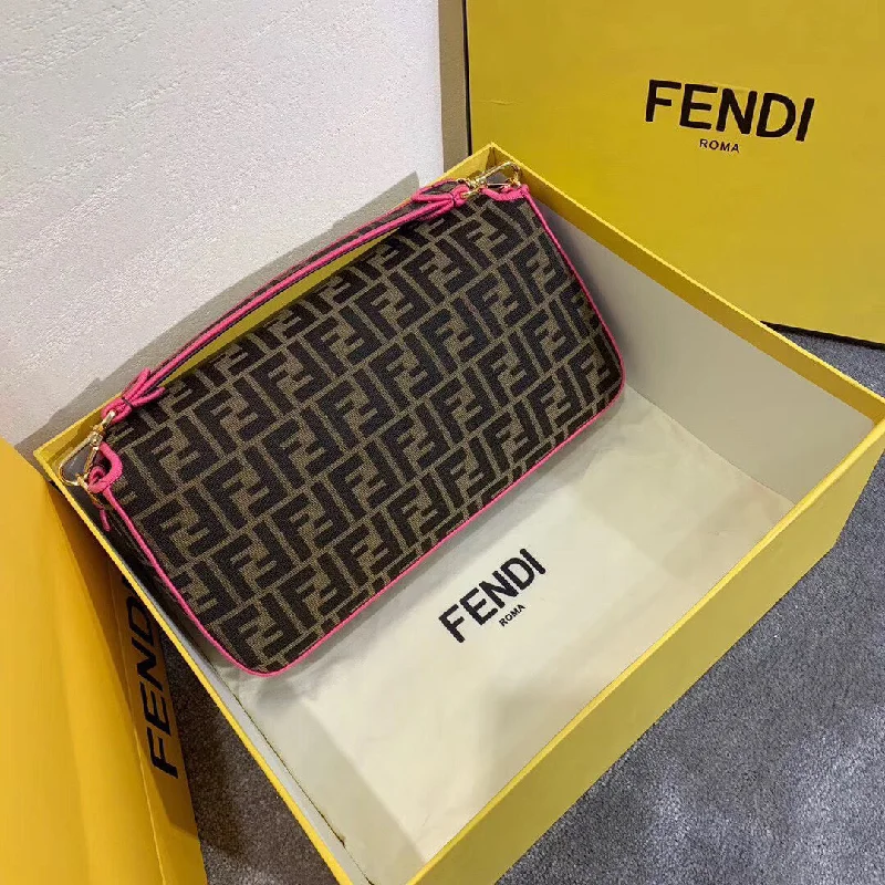 Fendi By The Way bags with a laser - cut leather detail for a modern and intricate lookFendi Baguette Large Bag In FF Fabric With Pink Trim