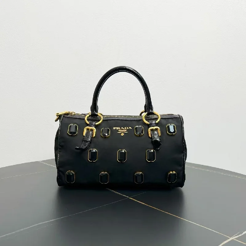 Prada bags with a front - zip pocket for small items like cards and keysPrada Black Nylon Studded Tote Bag Medium