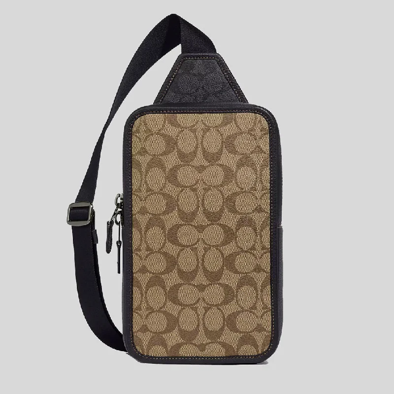 Coach handbags with a beaded trim for a glamorous and elegant lookCOACH Sullivan Pack In Blocked Signature Canvas Khaki/Charcoal C9865