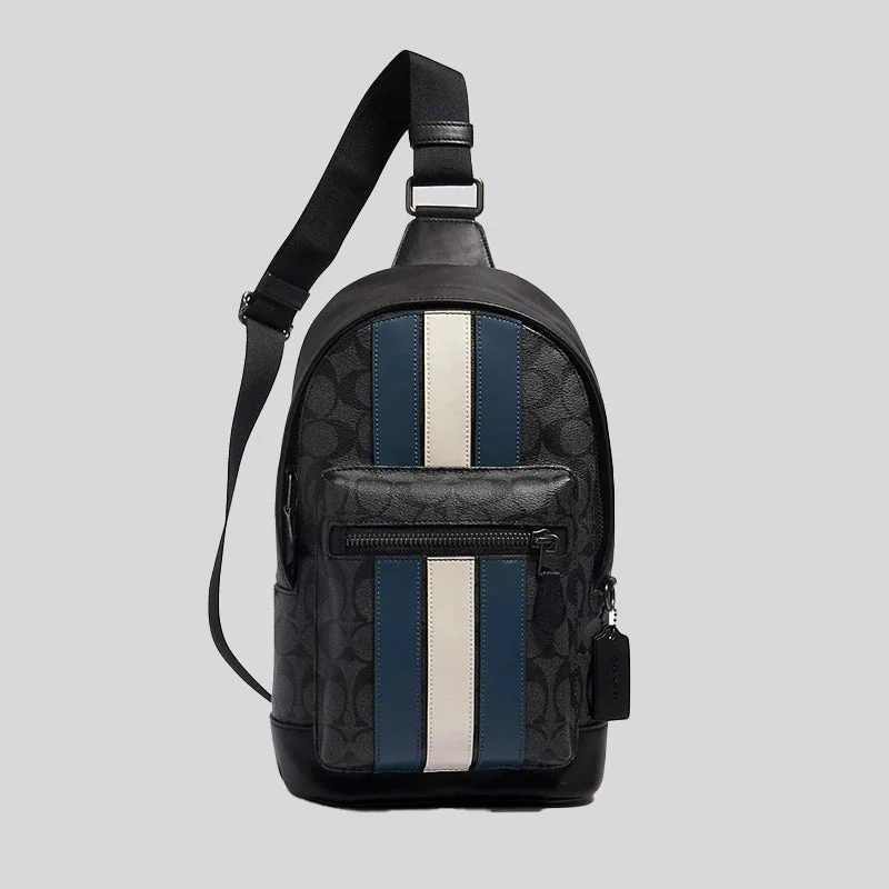 Coach backpacks with a padded back panel for comfort during long - term useCOACH West Pack In Signature Canvas With Varsity Stripe Charcoal Denim Chalk 2999