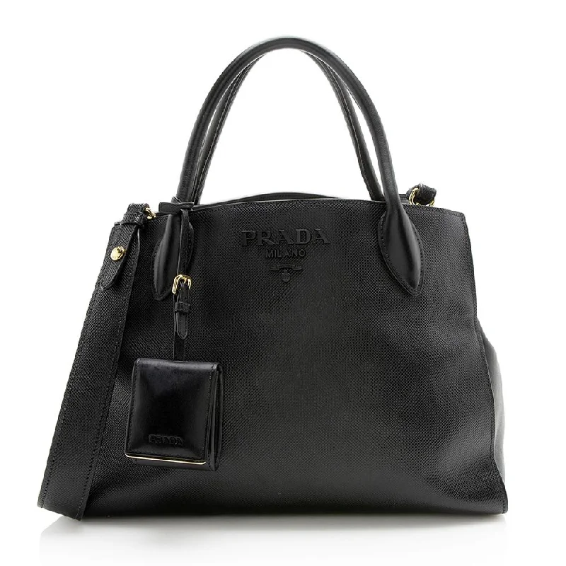 Prada tote bags with a spacious interior and a magnetic - snap closurePrada Saffiano Cuir Leather Monochrome Medium Tote (SHF-12823)