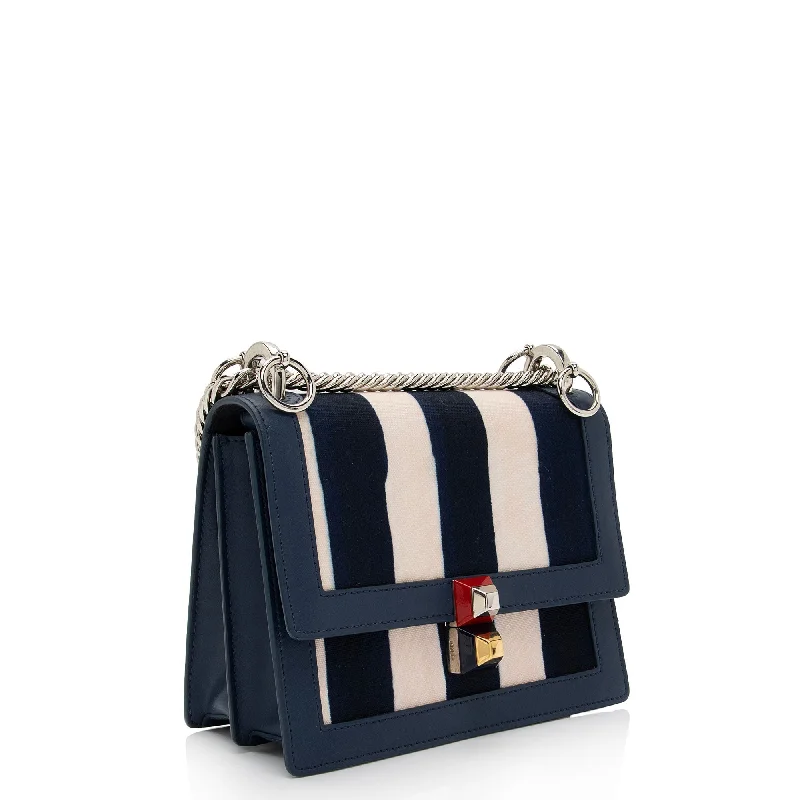 Ladies Fendi shoulder bags with a quilted leather exterior for a luxurious and cozy lookFendi Calfskin Striped Canvas Kan I Small Shoulder Bag (SHF-yQIdt1)