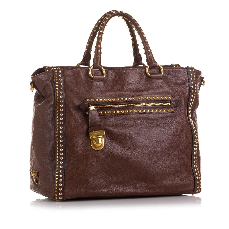 Prada Cahier bags with a detachable shoulder strap for versatile carryingPrada Studded Craquelle Satchel (SHG-rlvrQI)