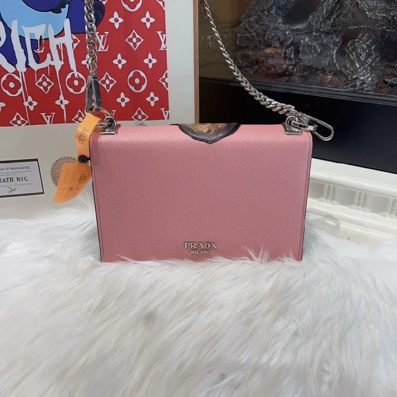 Prada bags with a front - flap pocket for quick access to essentialsPrada Milano Pink Leather Crossbody Bag Small