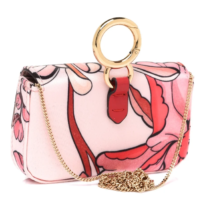 Fendi handbags with a beaded trim for a glamorous and eye - catching lookFendi Baguette Pink Satin Floral Nano Bag Charm Crossbody 7AR844