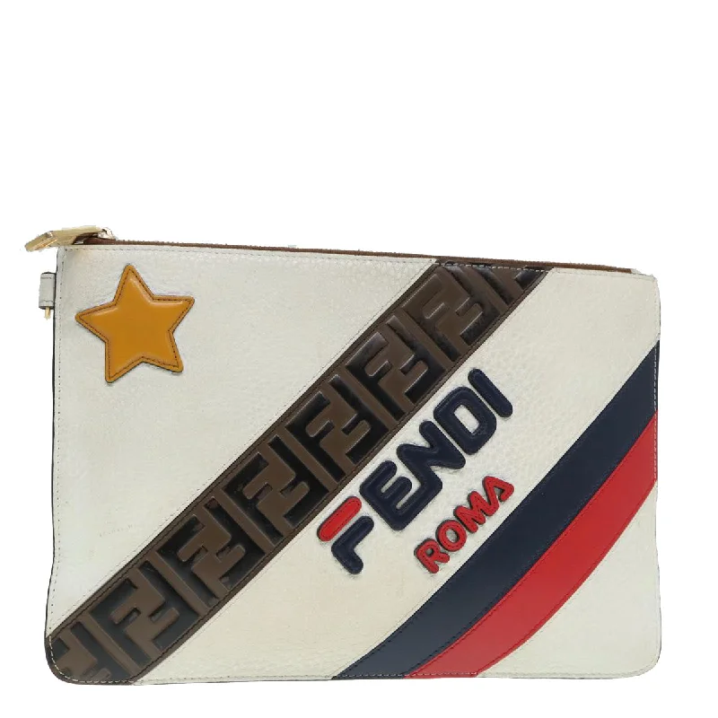 Fendi Baguette bags with a hand - embroidered floral design for a romantic and elegant touchFENDI FILA Collaboration Clutch Bag Leather Beige Gold  87366