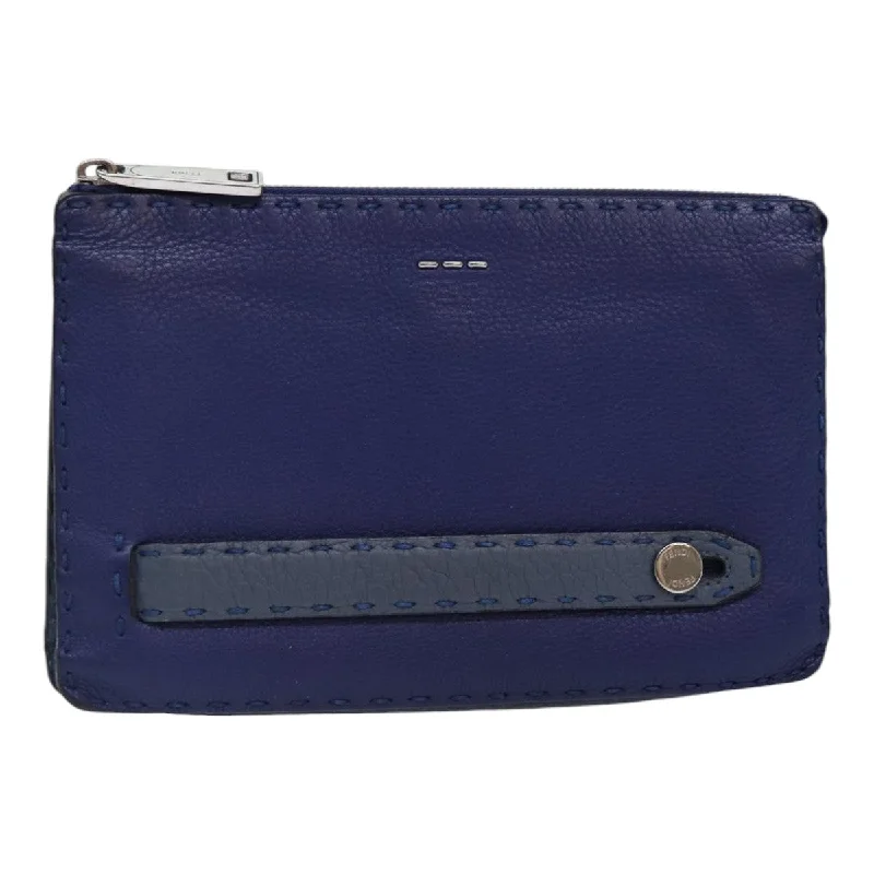 Fendi handbags with a metal - framed clasp for durability and a stylish lookFENDI Clutch Bag Leather Blue Silver  bs17465