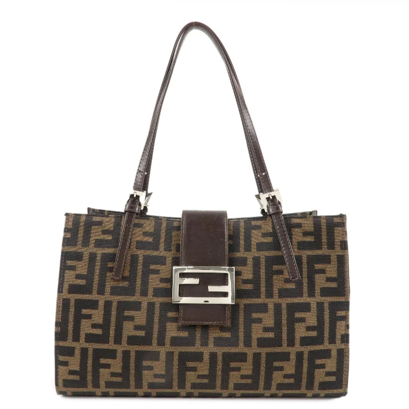 Fendi tote bags with a double - handle and shoulder - strap option for versatile carryingFENDI Zucca Canvas Leather Shoulder Bag Brown Black 15808