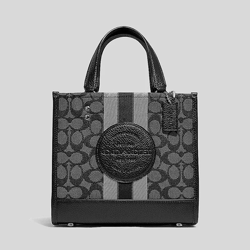 Coach crossbody bags with a woven leather strap for a unique textureCoach Dempsey Tote 22 In Signature Jacquard With Stripe And Coach Patch Smoke Black Multi C8417