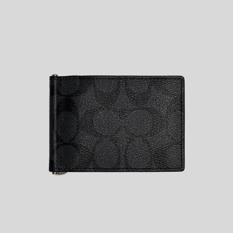 Coach bags with a zip - top closure and a front - pocket for quick accessCOACH Slim Money Clip Billfold Wallet In Signature Canvas Charcoal Black CH086