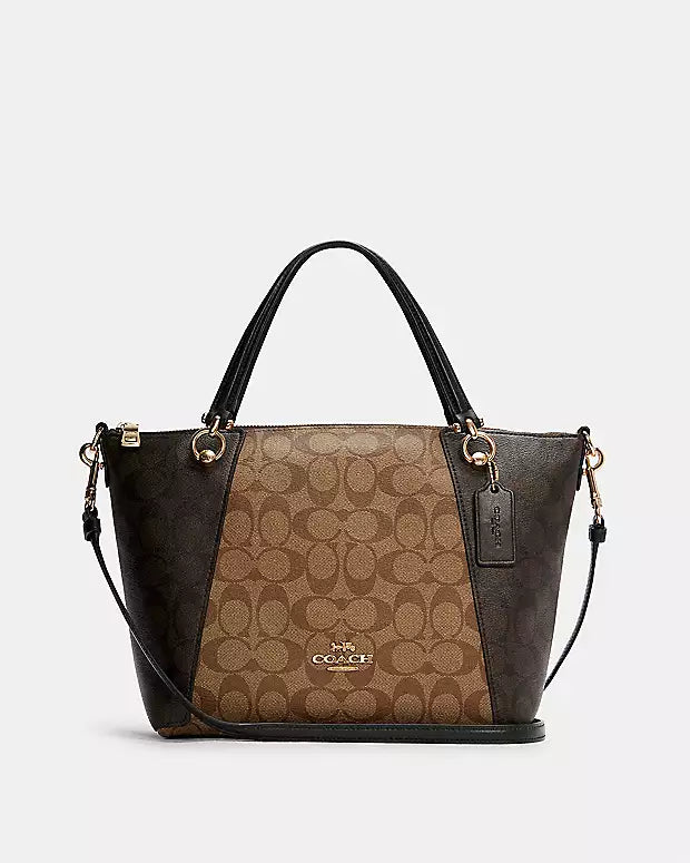 Coach Borough bags with a structured silhouette and a magnetic - snap closureCoach Kacey Satchel in Blocked Signature Canvas in Khaki Brown Multi