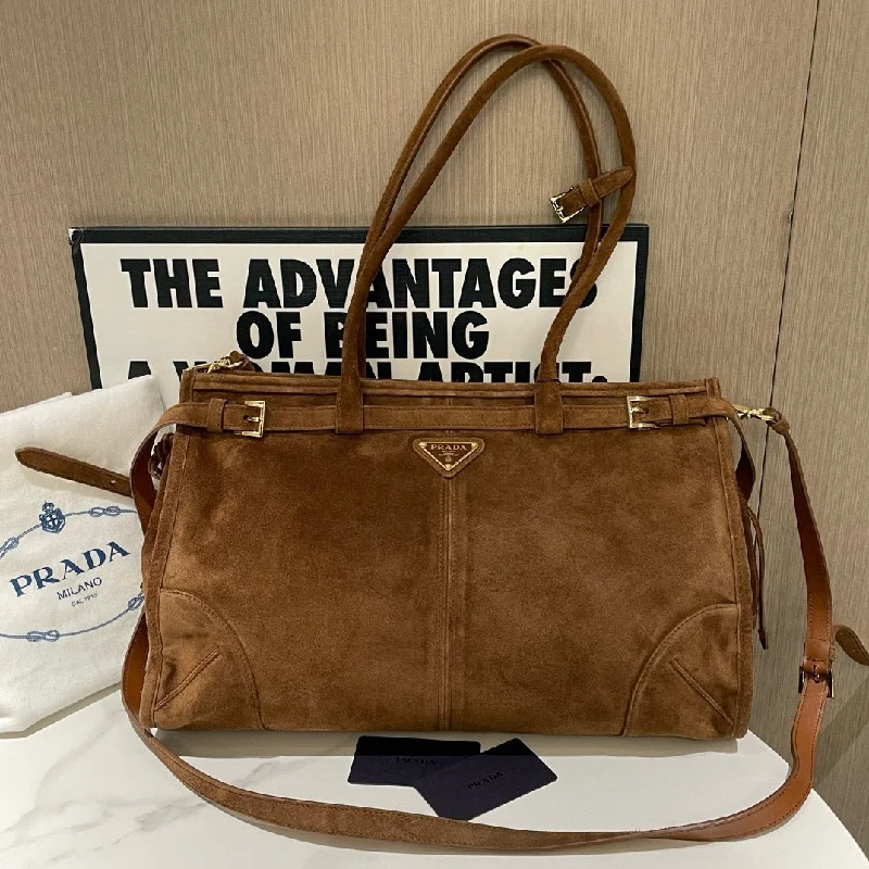 Prada Cahier bags with a leather - wrapped handle for a luxurious feelPrada Brown Suede Soft Handbag Large