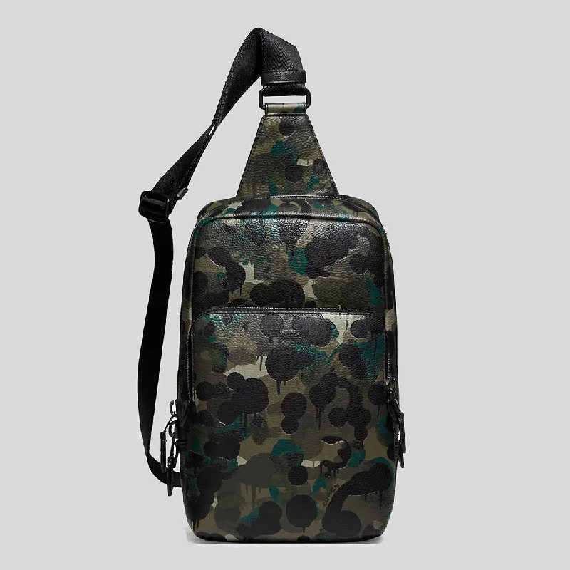 Coach backpacks with a padded back panel for comfort during long - term useCOACH Gotham Pack With Camo Print Matte Black/Green/Blue C5334