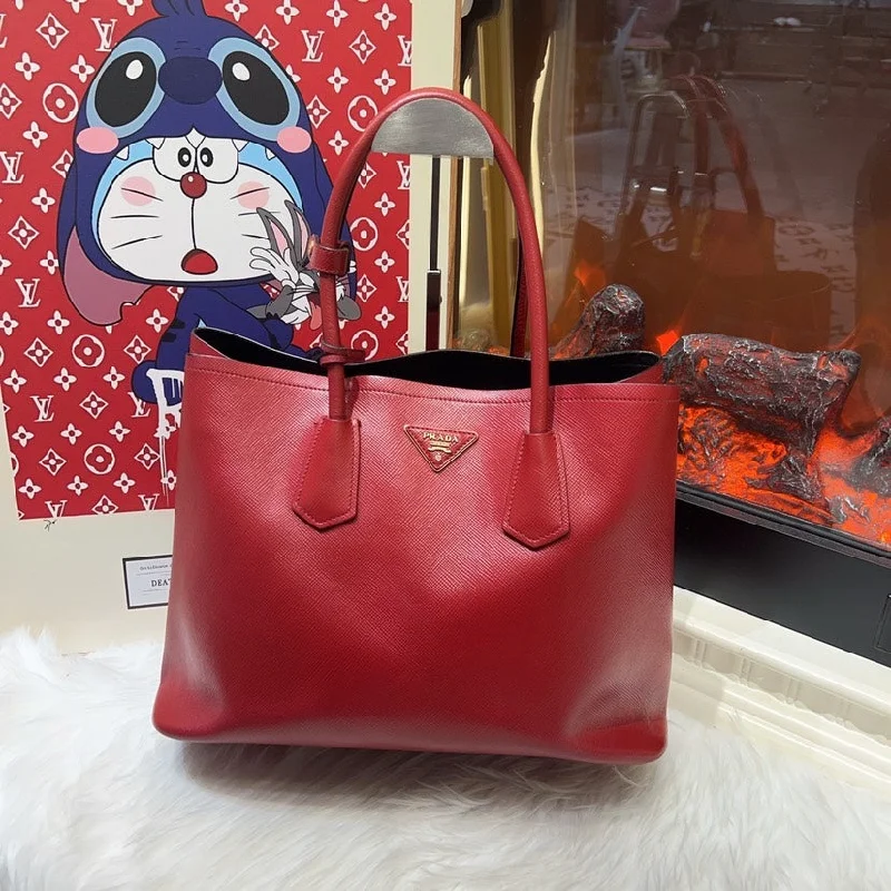 Prada handbags with a beaded trim for a touch of glamour and elegancePrada Double Red Leather Tote Bag Large