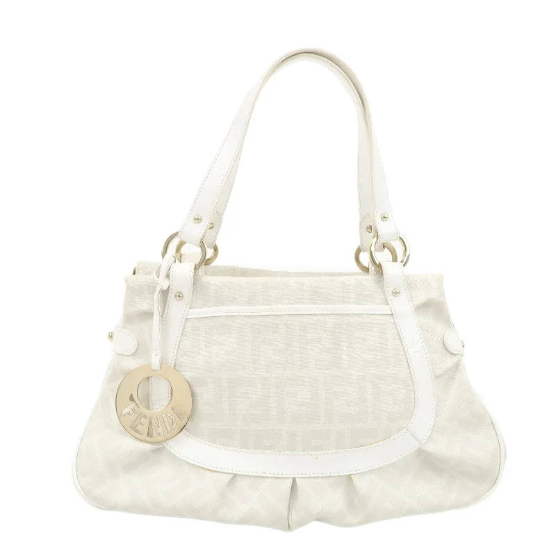 Fendi tote bags with a reinforced bottom for increased durabilityFENDI Zucca PVC Leather Shoulder Bag White Gold Hardware 8BR628