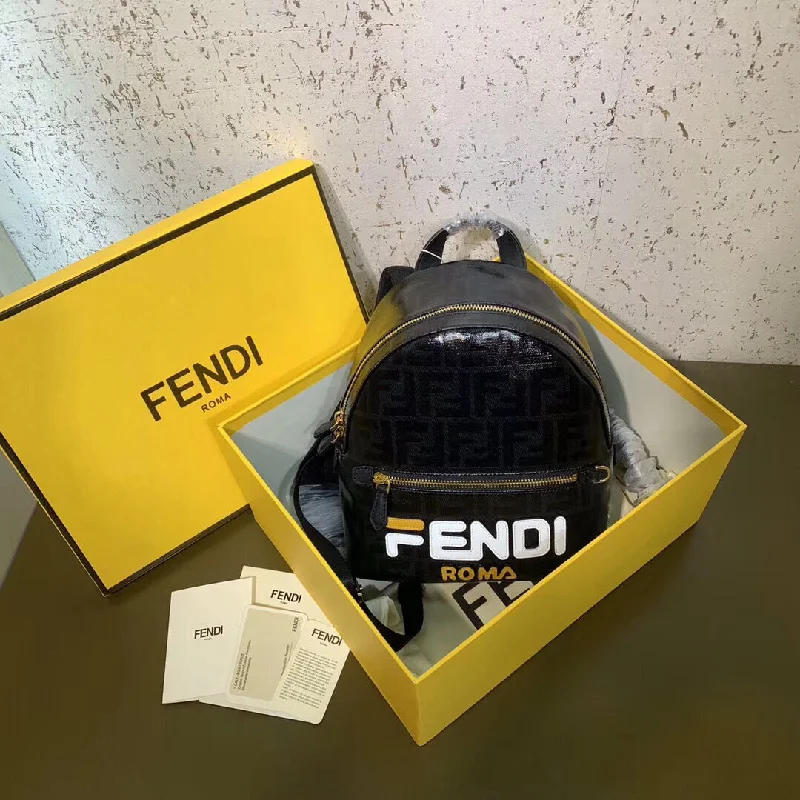 Fendi By The Way bags with a detachable pouch for separating small itemsFendi Black Glazed Fabric Mini Backpack