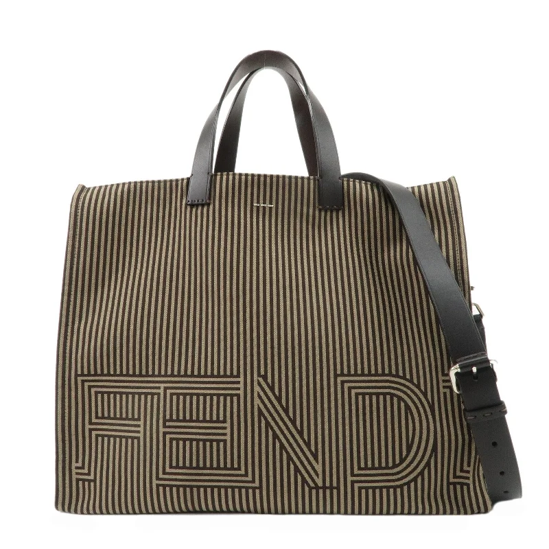 Ladies Fendi Peekaboo bags with a textured leather surface for a more tactile and luxurious feelFENDI Pequin Canvas Leather 2Way Tote Shoulder Bag Brown 7VA390