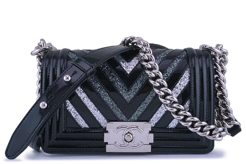 Chanel bags available in bold colors and patterns17K Chanel Black Glitter Chevron Patent Boy Flap Small Bag