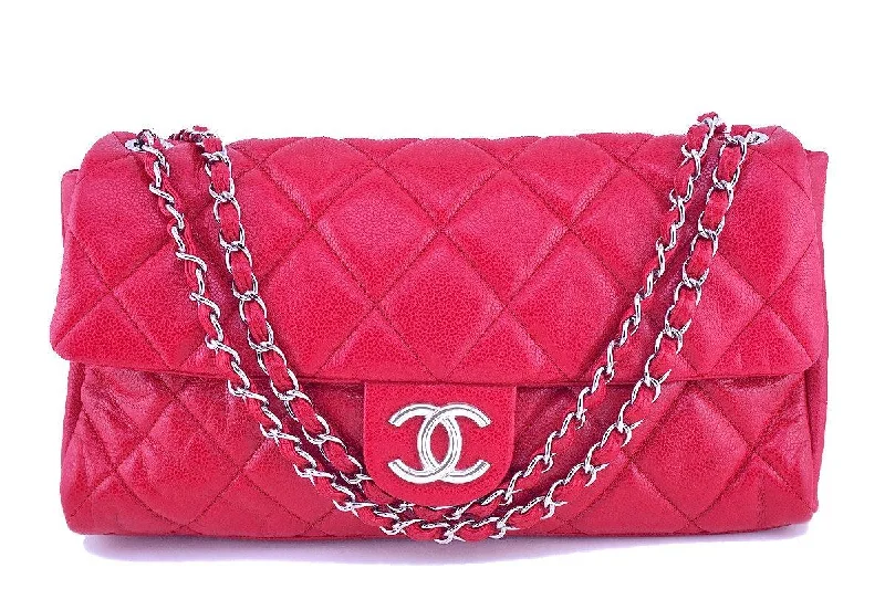 Chanel bags with iconic gold chainsChanel 15in. Raspberry Red Caviar Maxi Jumbo XL Classic Easy Flap Bag