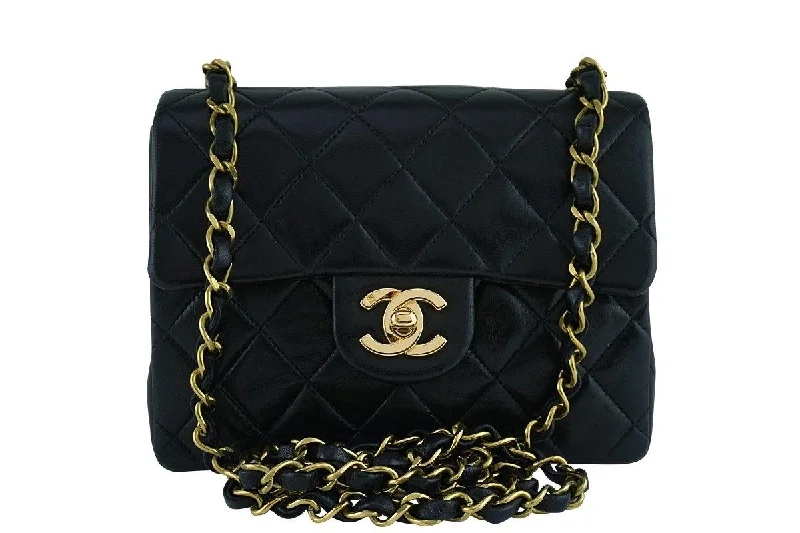 Chanel bags with leather and tweed combinationsChanel Black Classic Quilted Square Mini Flap Bag 24k Gold plated