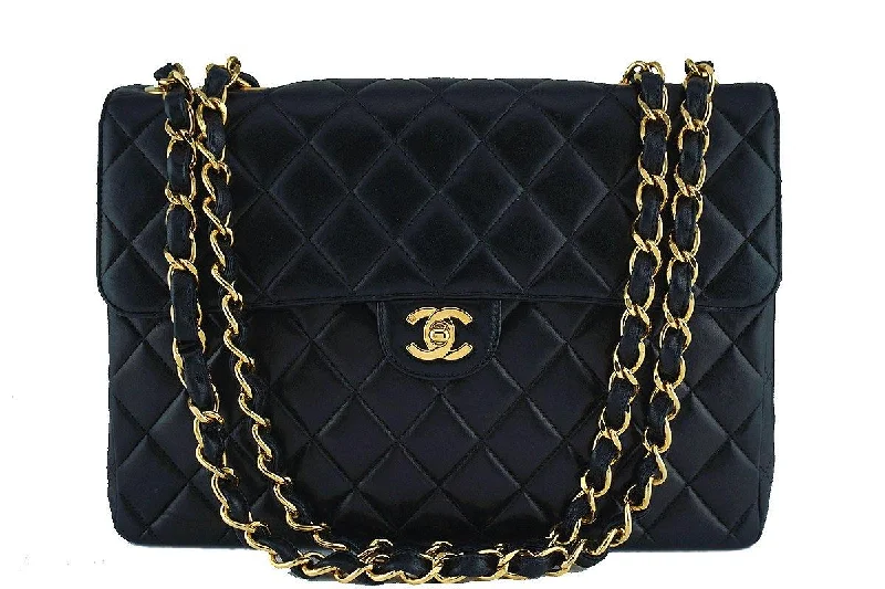 Chanel bags available at online luxury retaileChanel Black Lambskin Jumbo Quilted Classic 2.55 Flap Bag 24k Gold Plated