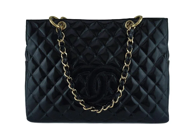 Chanel bags with iconic gold chainsChanel Black Patent Classic Grand Shopper Tote GST Bag GHW