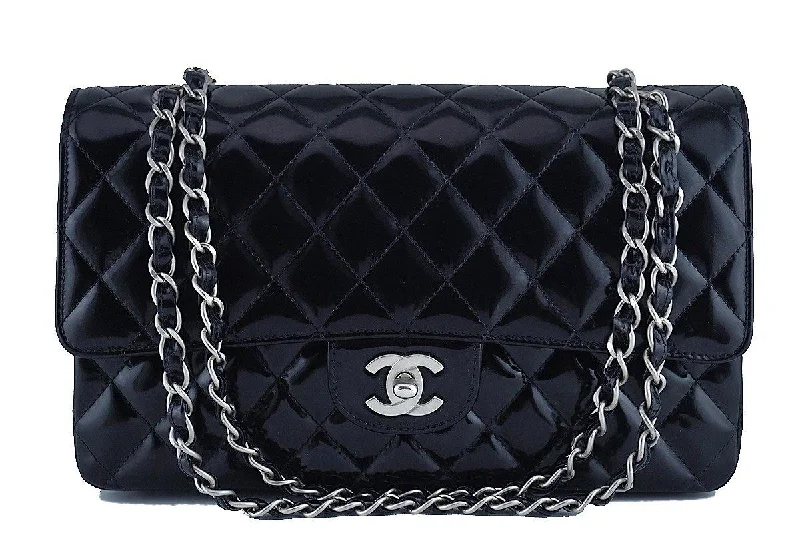 Chanel bags with chain and leather strap combinationsChanel Black Patent Medium Classic 2.55 Double Flap Bag