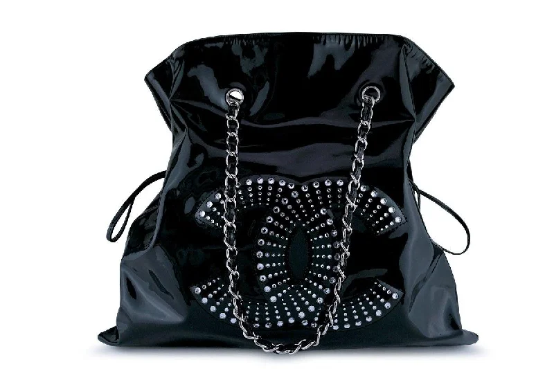 Chanel bags with intricate metal hardwareChanel Black Patent Strass Crystals Bon Bons Tote Bag