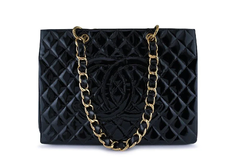 Chanel bags with iconic stitching detailsChanel Black Vintage Patent Grand Shopper GST Tote Bag