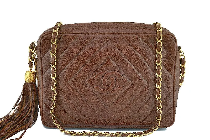 Chanel bags with iconic gold chainsChanel Caramel Brown Caviar Classic Quilted Camera Case Bag 24k Gold Plated