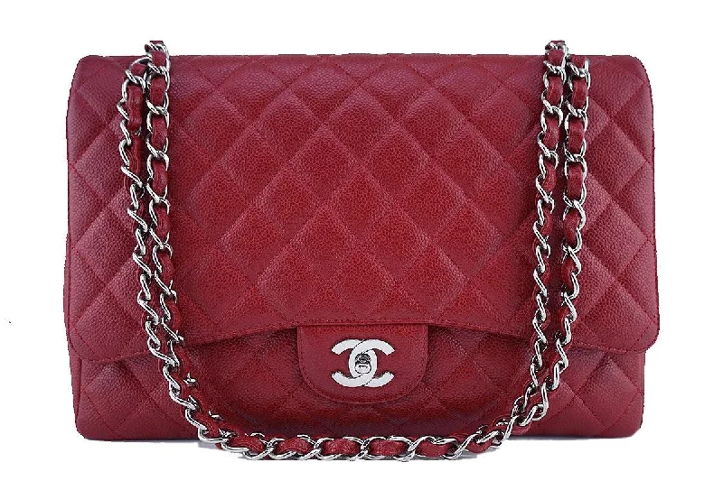 Chanel bags with intricate metal hardwareChanel Red Caviar Maxi Quilted Classic 2.55 Jumbo XL Flap Bag SHW