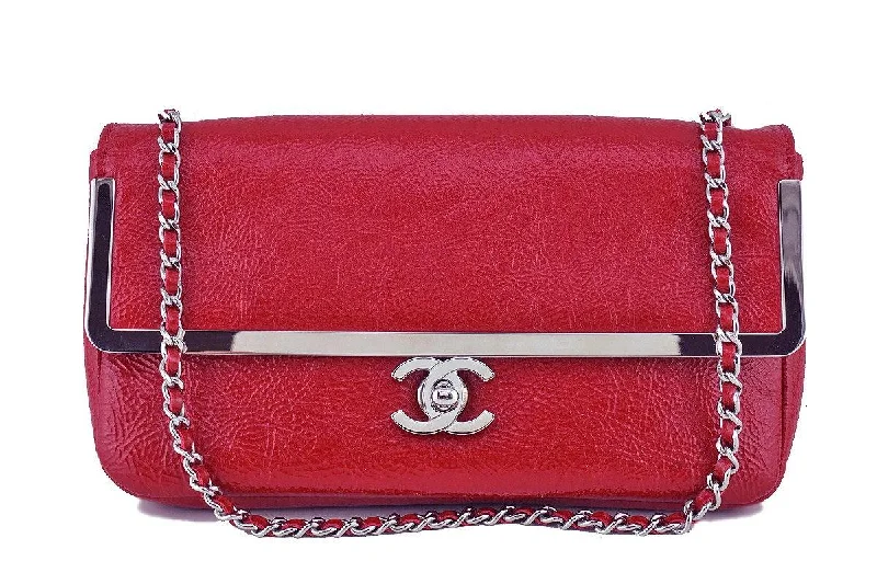 Chanel bags with intricate metal hardwareChanel Red Textured Patent Luxe Frame Classic Flap Bag