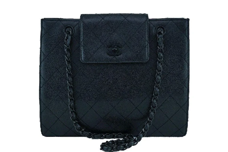 Chanel bags available at online luxury retaileChanel So Black Caviar Medium Quilted Classic Tote Bag Flap Closure