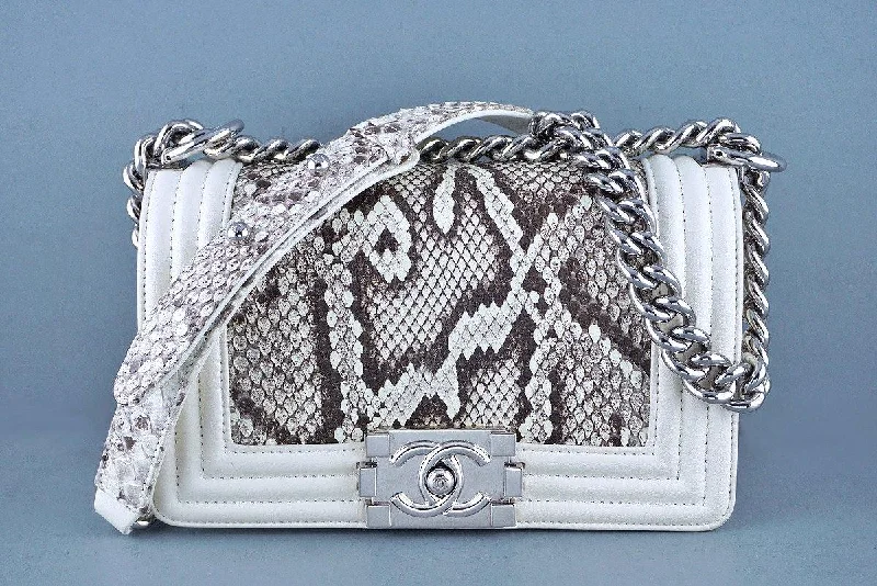 Chanel Designer Handbag with Unique DesignChanel White-Cream Python Le Boy Classic Flap Bag