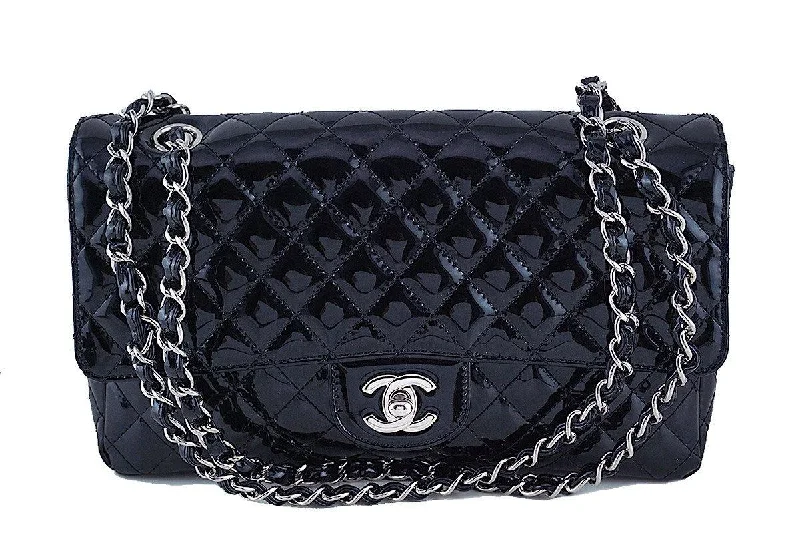 Chanel bags for women who love timeless fashionChanel Black Glossy Patent Quilted Classic Label Flap Bag