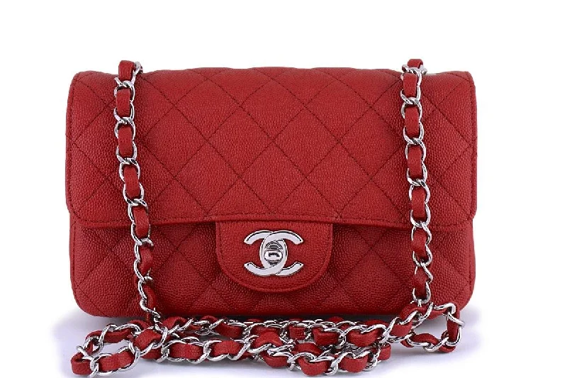 Chanel bags with adjustable chain strapsNew 18C Chanel Red Caviar Classic Quilted Rectangular Mini 2.55 Flap Bag