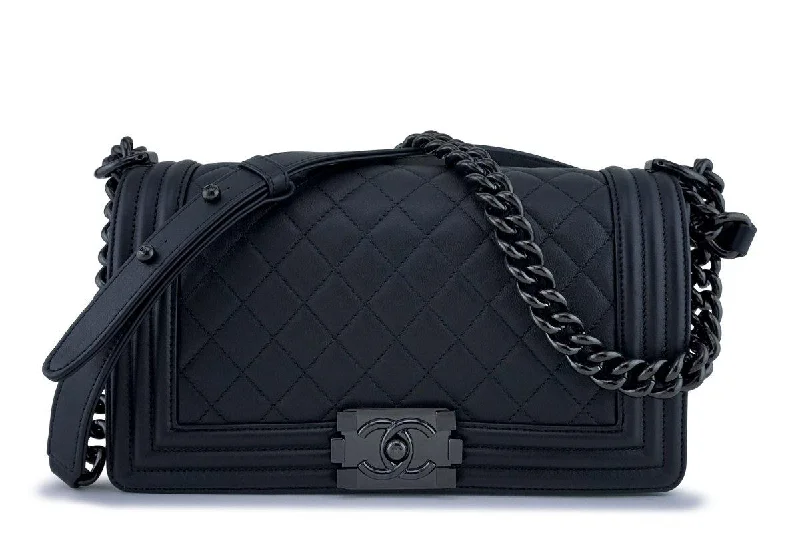 Chanel bags with gold, silver, and pearl accentsNew 18C Chanel So Black Boy Classic Medium Flap Calfskin Bag