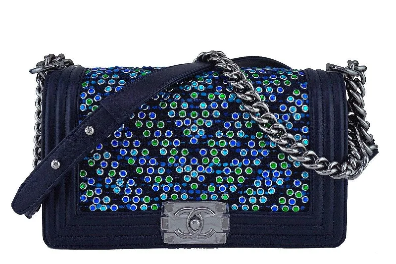 Chanel bags for women who appreciate fine craftsmanshipNIB 17S Chanel Rare Jeweled Tweed Lambskin Navy Blue Medium Boy Flap Bag