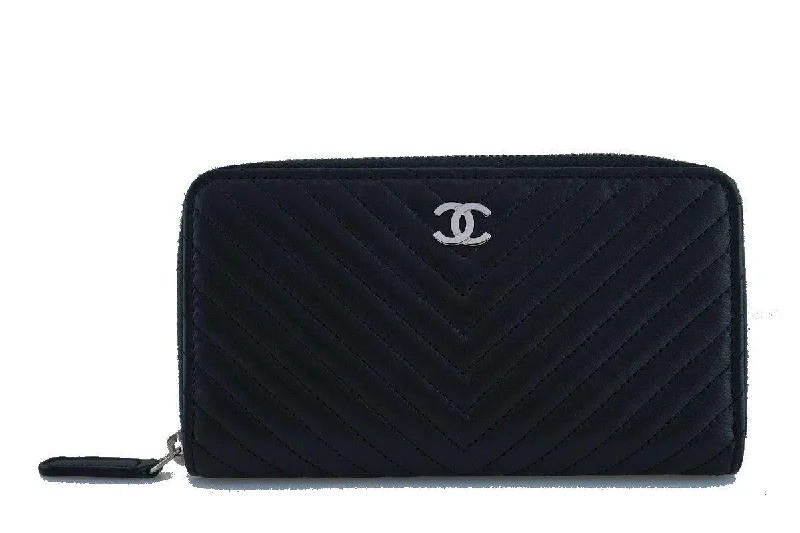 Chanel bags with iconic stitching detailsNIB Chanel Black Chevron Compact Zip Around Small Card Wallet Case