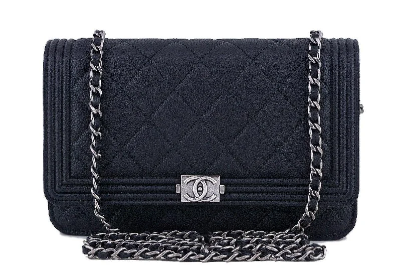 Chanel bags available in bold colors and patternsNWT 16A Chanel Black Caviar Boy Classic Quilted WOC Wallet on Chain Flap Bag