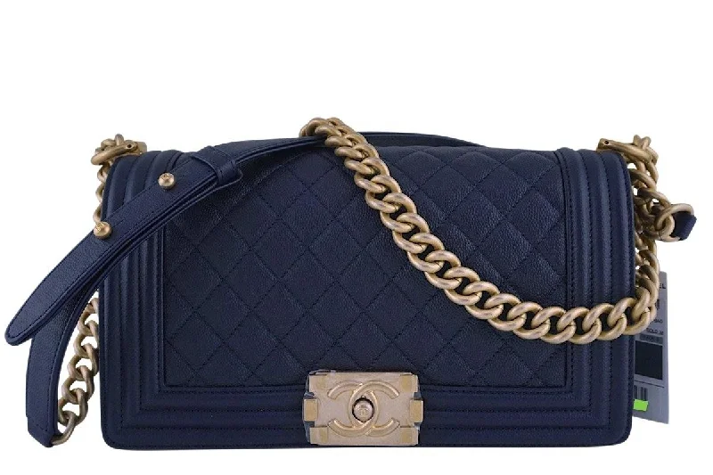 Chanel leather bags for everydNWT 17A Chanel Navy Blue Caviar Boy Flap Bag GHW