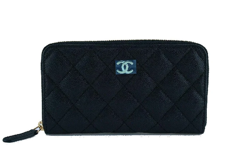 Chanel bags for women with minimalist styleNWT 17C Chanel Black Caviar Zip Around Small Card Wallet Case GHW