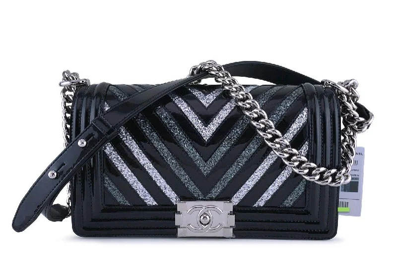 Chanel bags for women with a taste for high fashionNWT 17K Chanel Black Glitter Chevron Patent Boy Flap Medium Bag