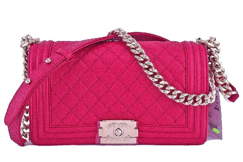 Chanel bags with iconic stitching detailsNWT 17P Chanel Fuchsia Pink Le Boy Classic Flap, Medium Caviar Bag